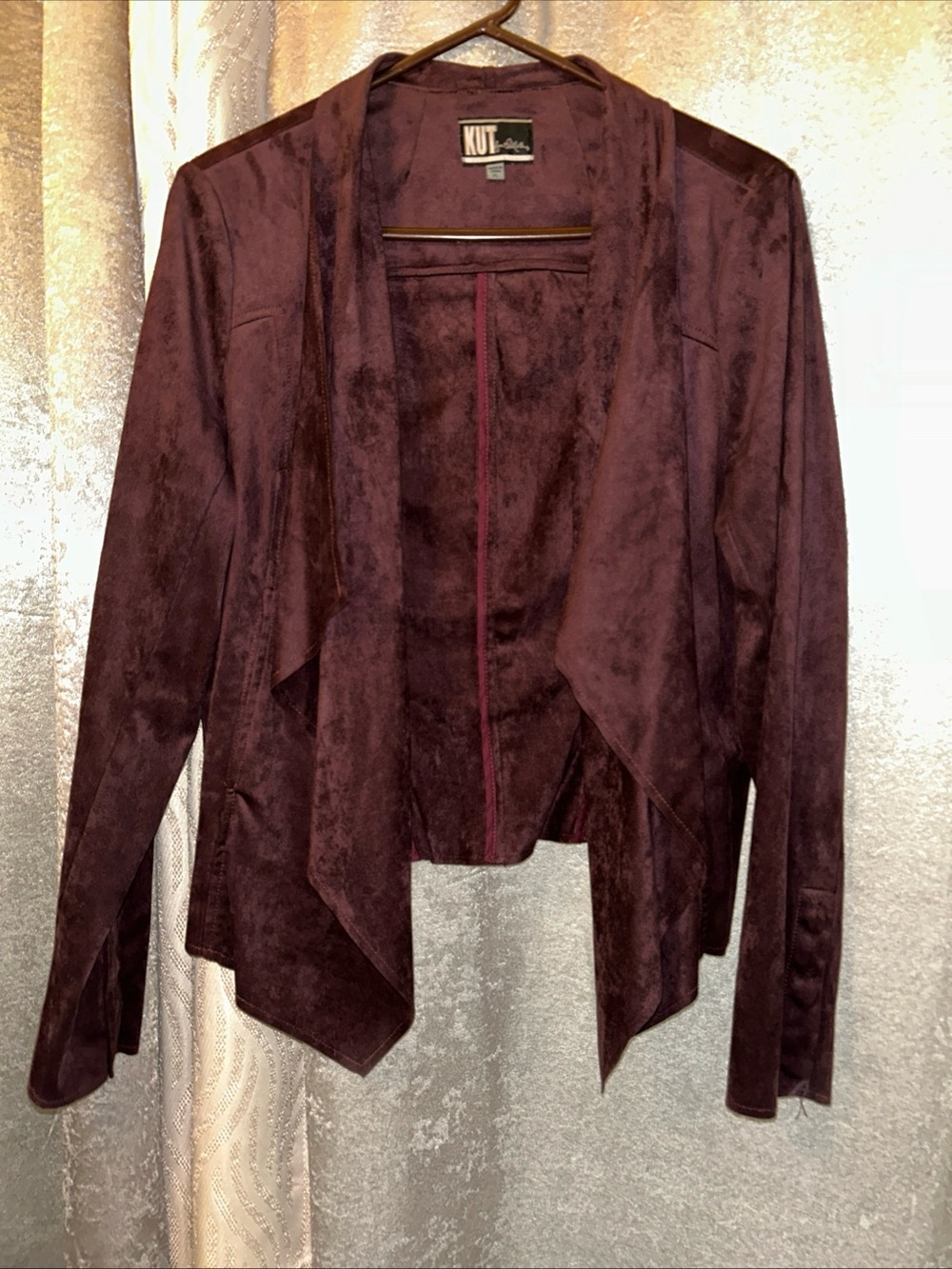 Kut From The Kloth NWT Womens XL Faux Suede Drape Front Jacket Burgundy - Picture 3 of 6